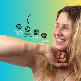 Sun Zapper on beach towel showing travel-ready, water-resistant sunblock