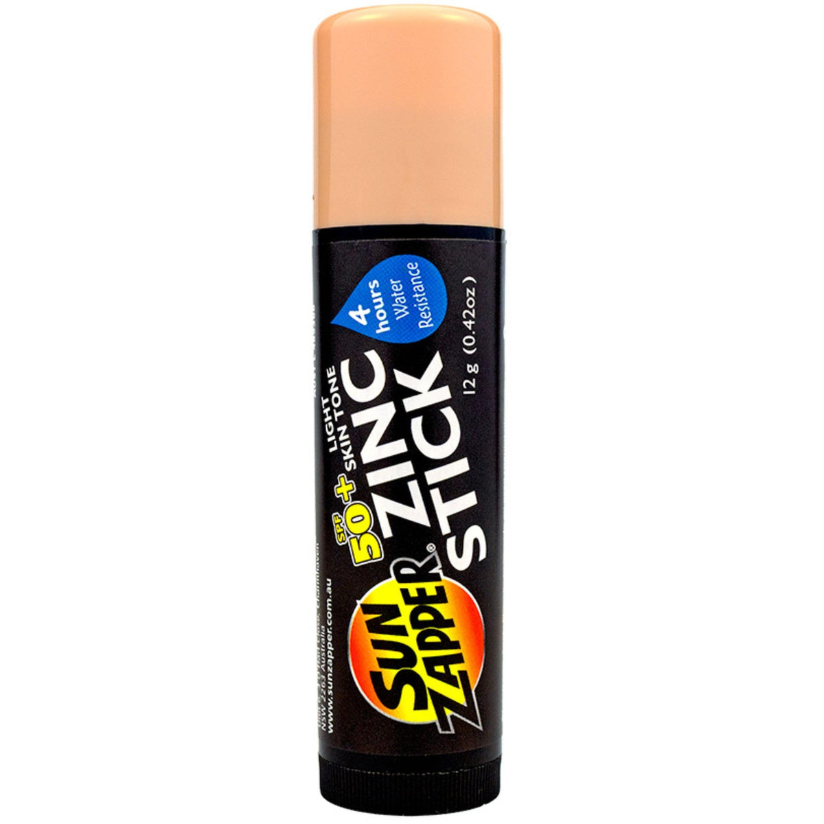 Sun Zapper front view of stick showing label and compact design benefit