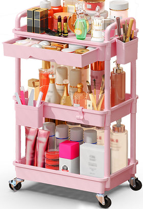 SUNALLY front view full cart showing organized shelves and drawer benefit tidy storage