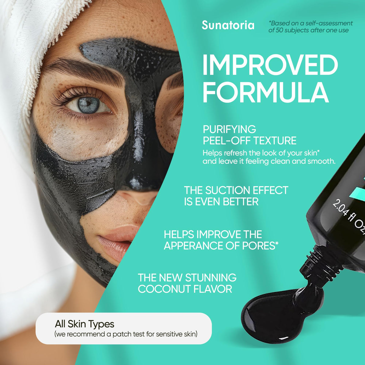 SUNATORIA mask glossy black texture close-up highlighting peel-off consistency