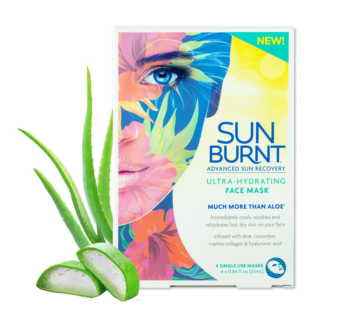 Sunburnt front packaging of the face mask showing calming after-sun remedy