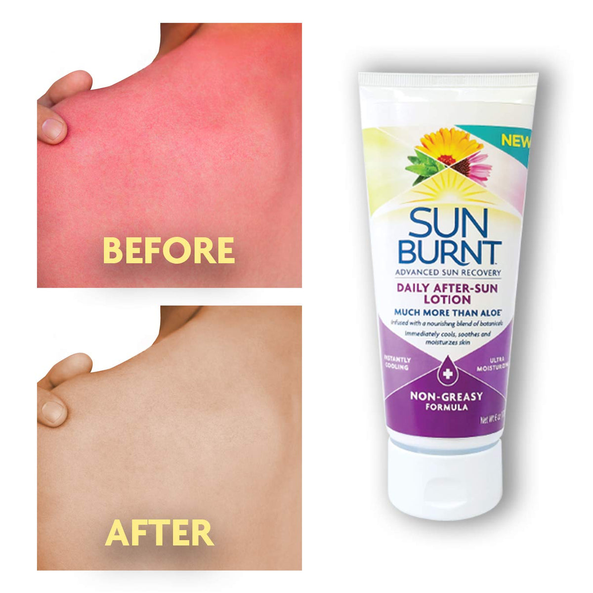 Sunburnt ingredients label close-up showing aloe, cucumber, coconut oil and algae extracts