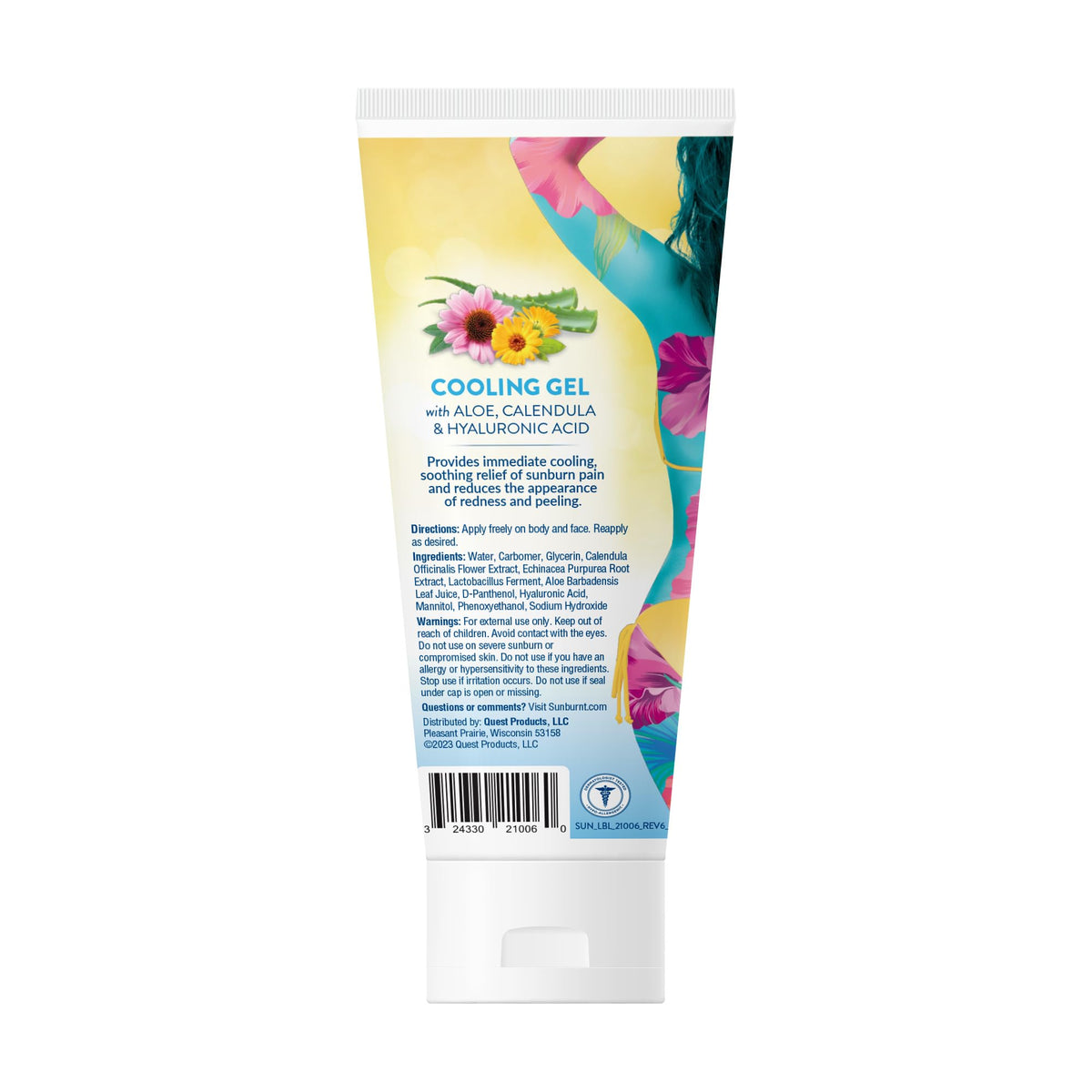 Sunburnt ingredients label highlighting aloe, calendula and hyaluronic benefit