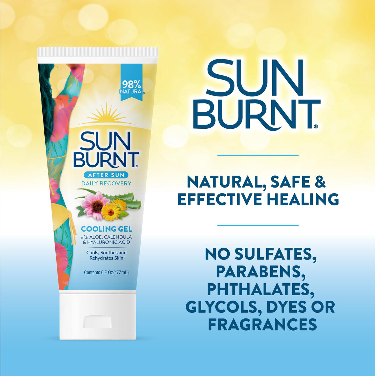 Sunburnt open container detail revealing clear gel that absorbs quickly