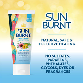 Sunburnt open container detail revealing clear gel that absorbs quickly