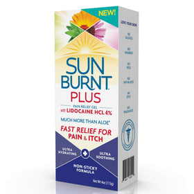 Label close-up showing Sunburnt lidocaine 4% for fast topical relief