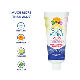 Sunburnt tube beside ingredient list highlighting botanical formula benefits