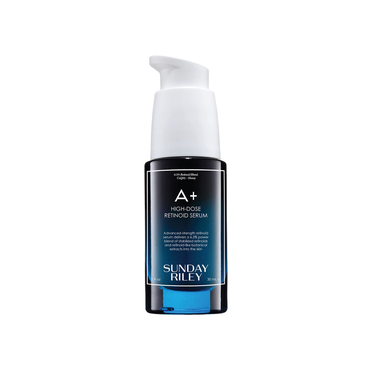 Sunday Riley A+ front bottle showing packaging and potency benefits