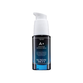 Sunday Riley A+ front bottle showing packaging and potency benefits