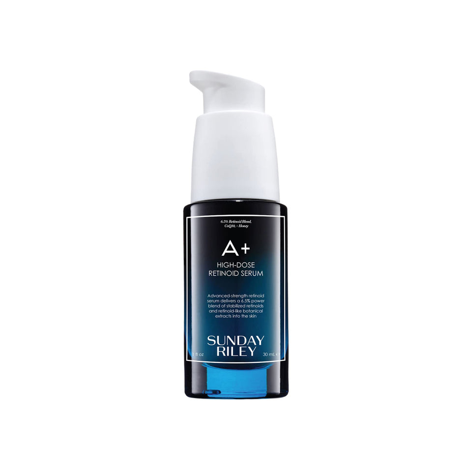 Sunday Riley A+ front bottle showing packaging and potency benefits