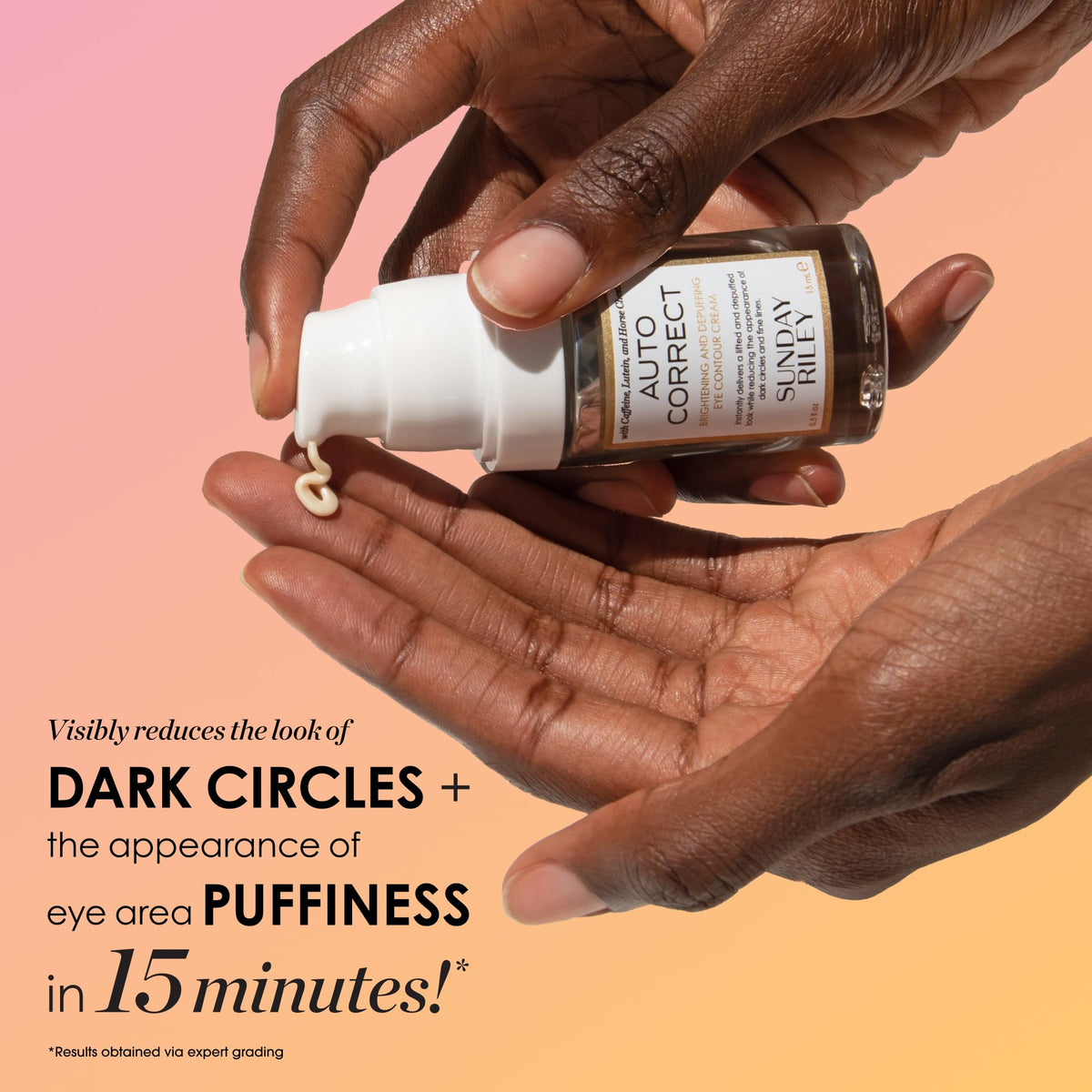 Sunday Riley product applied on hand demonstrating quick absorption and de-puffing