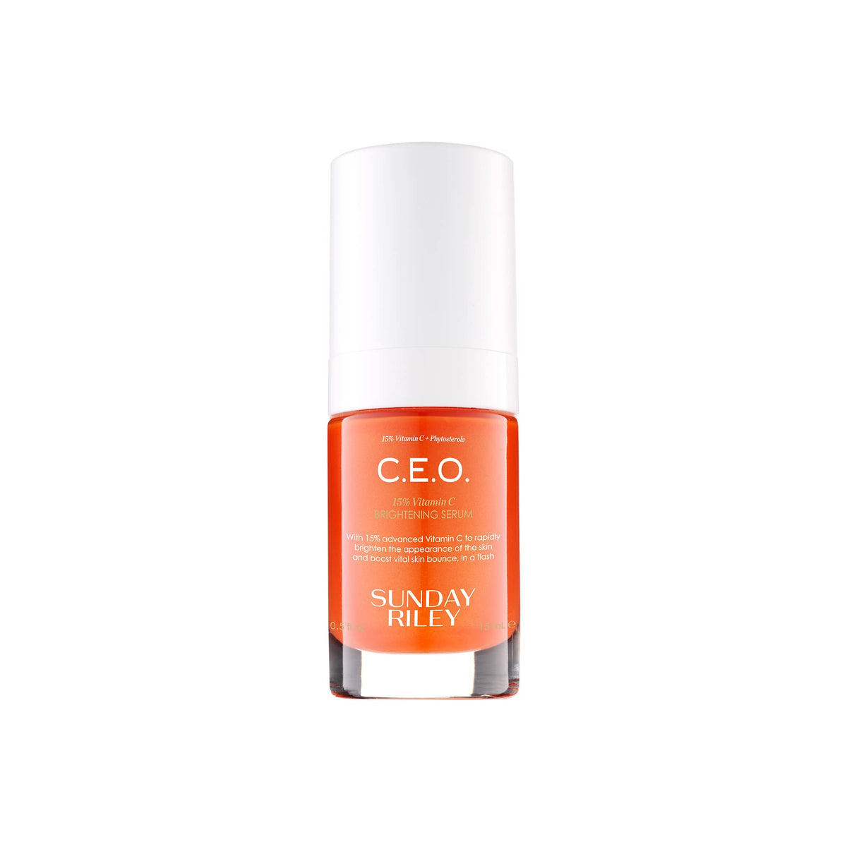 Sunday Riley C.E.O. front bottle showing sleek packaging and brightening promise