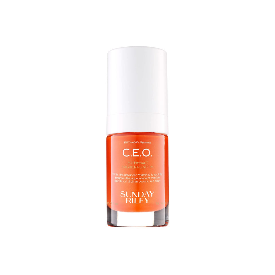 Sunday Riley C.E.O. front bottle showing sleek packaging and brightening promise
