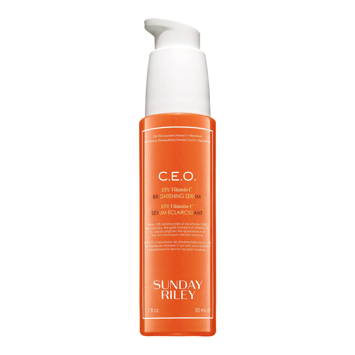 Sunday Riley C.E.O. front packaging shows brightening serum and benefits