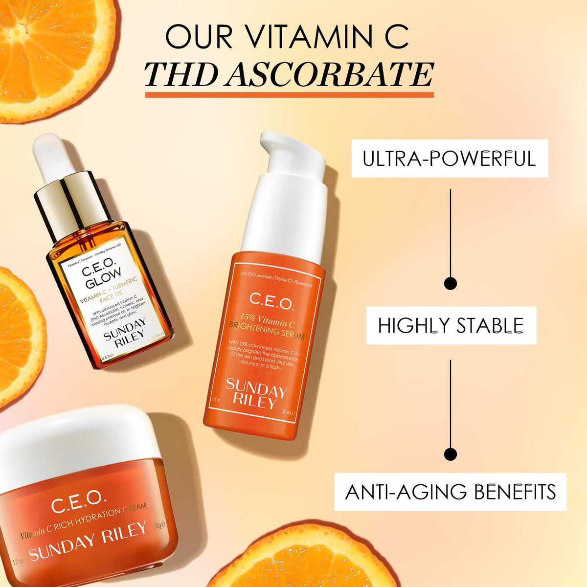 Sunday Riley product label detail highlighting THD Ascorbate and ingredient clarity benefit