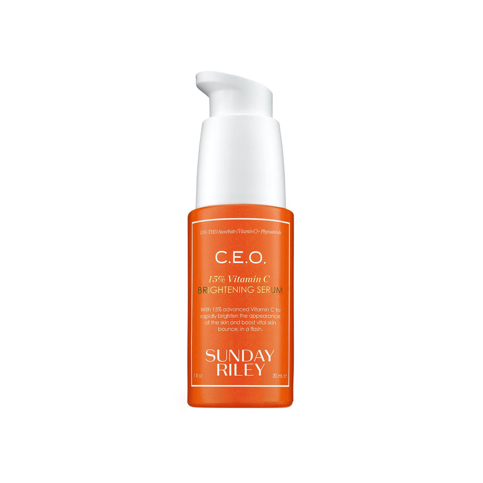 Sunday Riley C.E.O. front packaging shows bottle and orange color for brightening