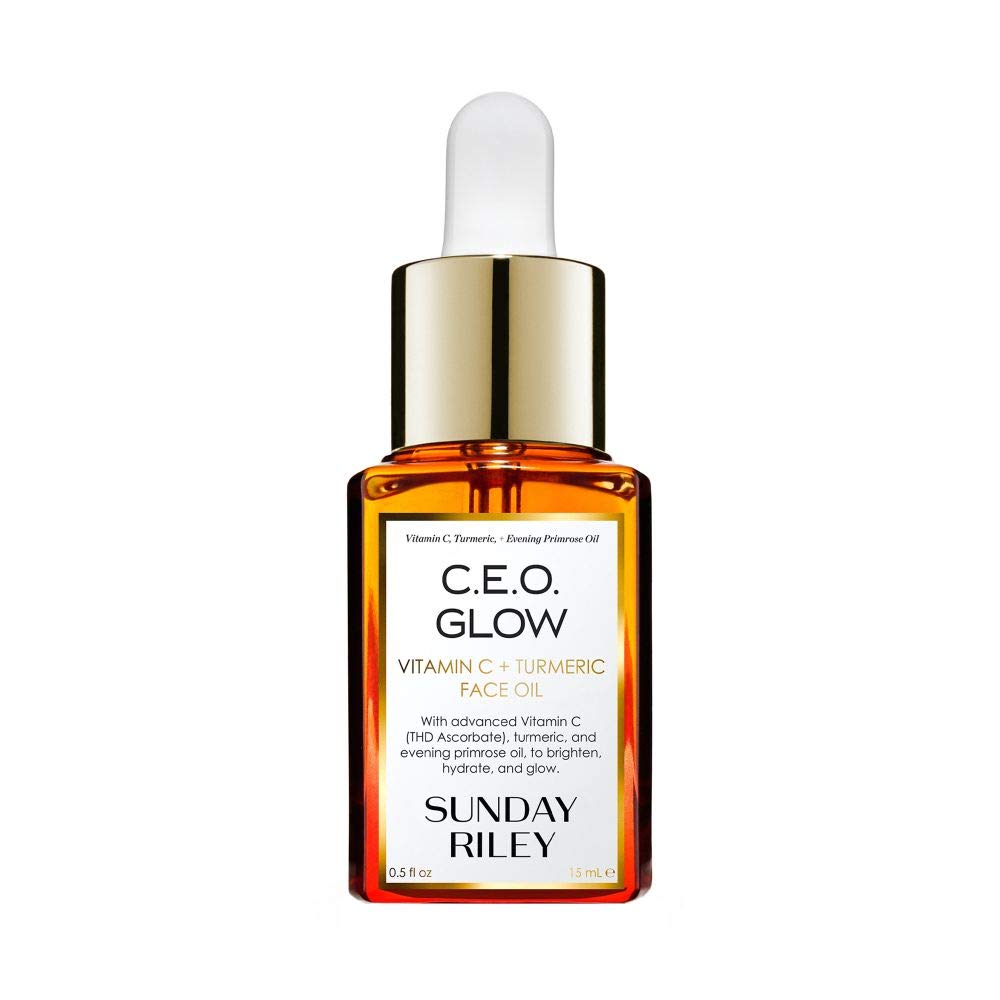 Sunday Riley front bottle showing label and compact 0.5 fl oz size for travel-friendly glow