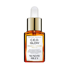 Sunday Riley front bottle showing label and compact 0.5 fl oz size for travel-friendly glow