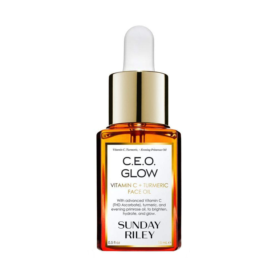 Sunday Riley front bottle showing label and compact 0.5 fl oz size for travel-friendly glow