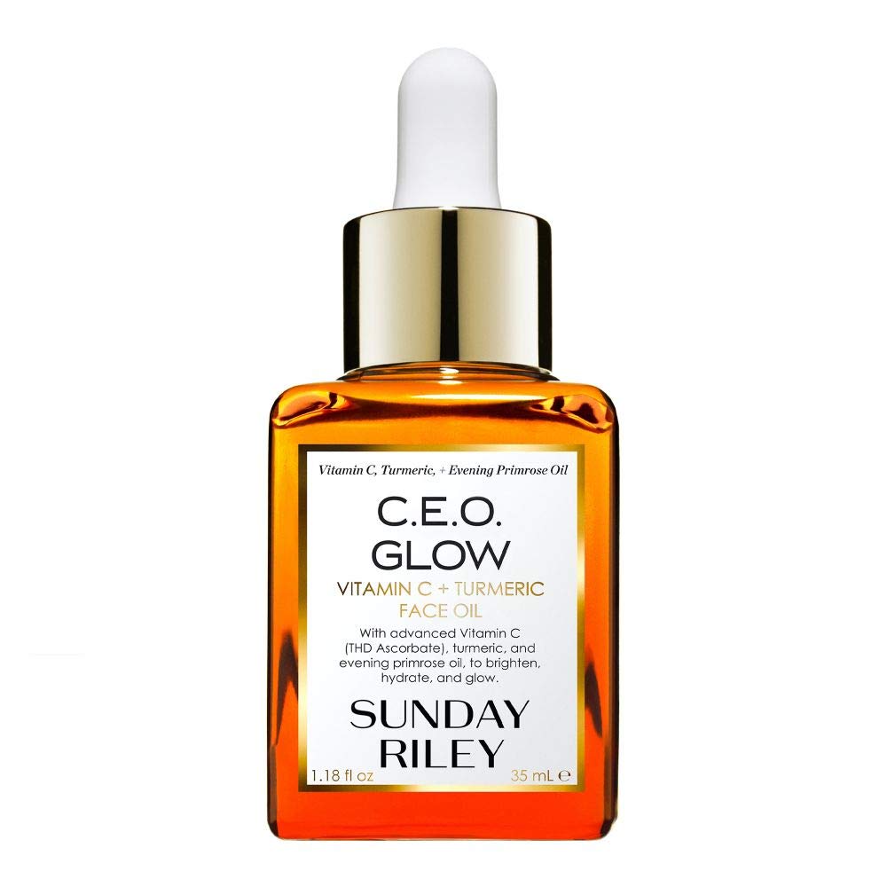 Sunday Riley bottle front view showing brightening oil and branding benefit