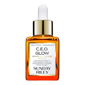 Sunday Riley bottle front view showing brightening oil and branding benefit