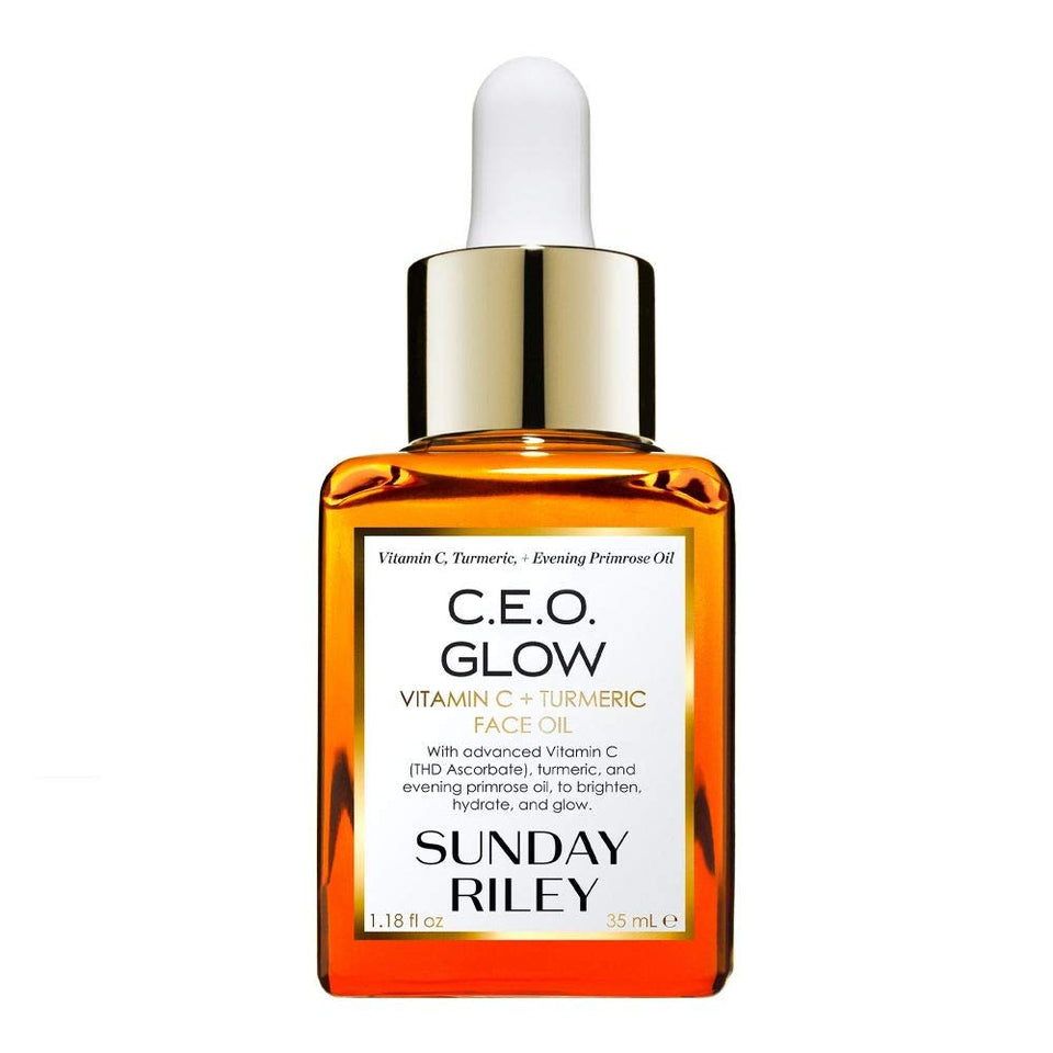 Sunday Riley bottle front view showing brightening oil and branding benefit