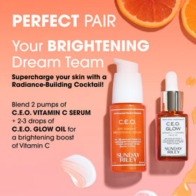 Sunday Riley bottle on bathroom counter in morning routine suggesting radiant skin benefit