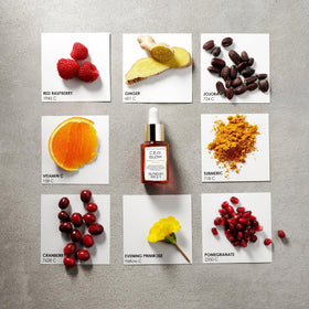 Sunday Riley oil on a bathroom shelf styled to show routine-ready benefit