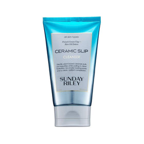 Sunday Riley Ceramic Slip front packaging shows bottle and easy dispense benefit
