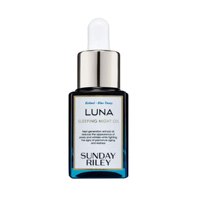 Sunday Riley Luna Retinol Sleeping Night Oil front bottle showing label and packaging benefit: clear product identity