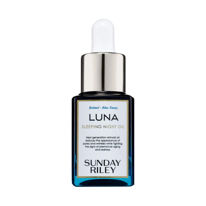 Sunday Riley Luna Retinol Sleeping Night Oil front bottle showing label and packaging benefit: clear product identity