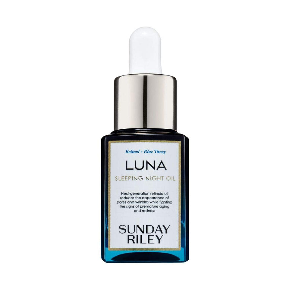 Sunday Riley Luna Retinol Sleeping Night Oil front bottle showing label and packaging benefit: clear product identity