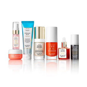Sunday Riley products in use on bathroom counter illustrating an energized morning