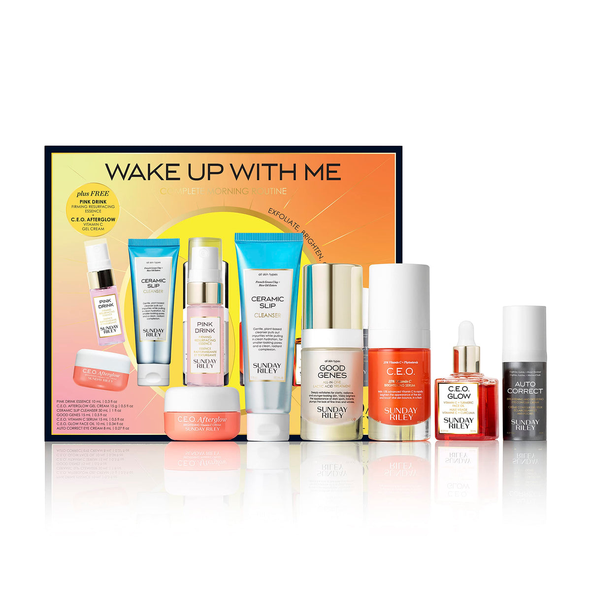Sunday Riley front packaging showing full Wake Up With Me set and benefits