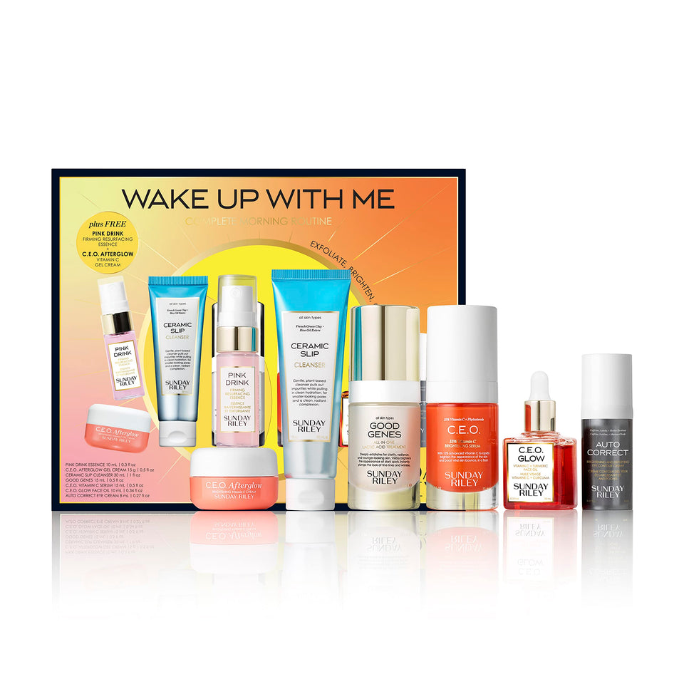 Sunday Riley front packaging showing full Wake Up With Me set and benefits