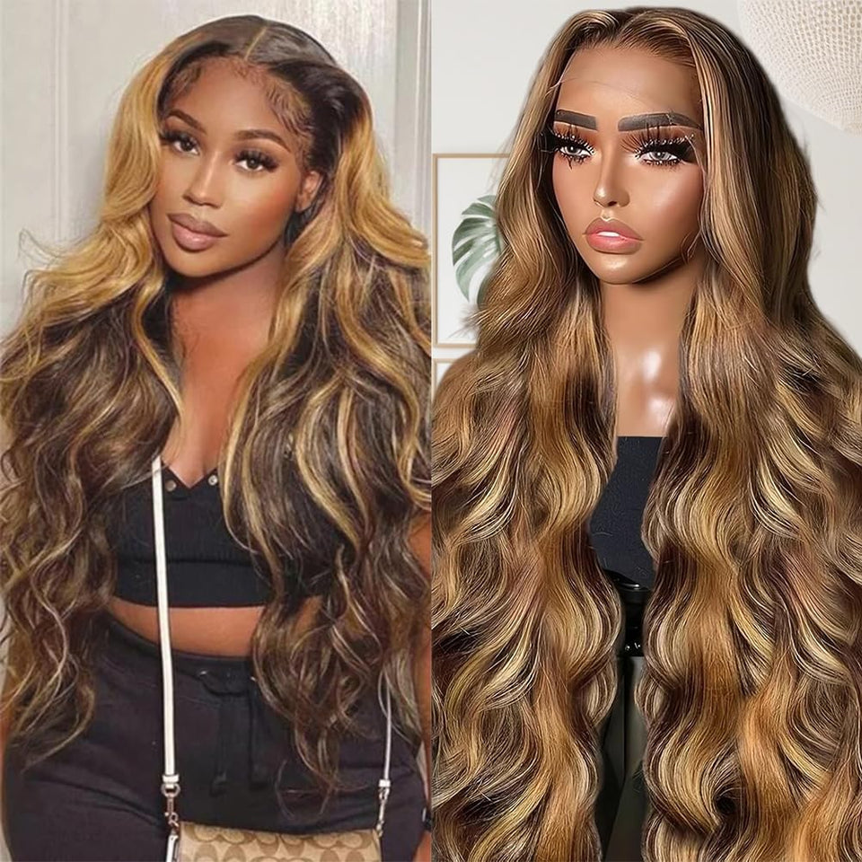 Sunelk front view honey blonde ombre wig shows natural parting and glossy waves
