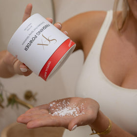 SunFX before and after on decolletage showing reduced tackiness