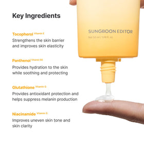 SUNGBOON EDITOR label close-up listing key actives and clean benefits