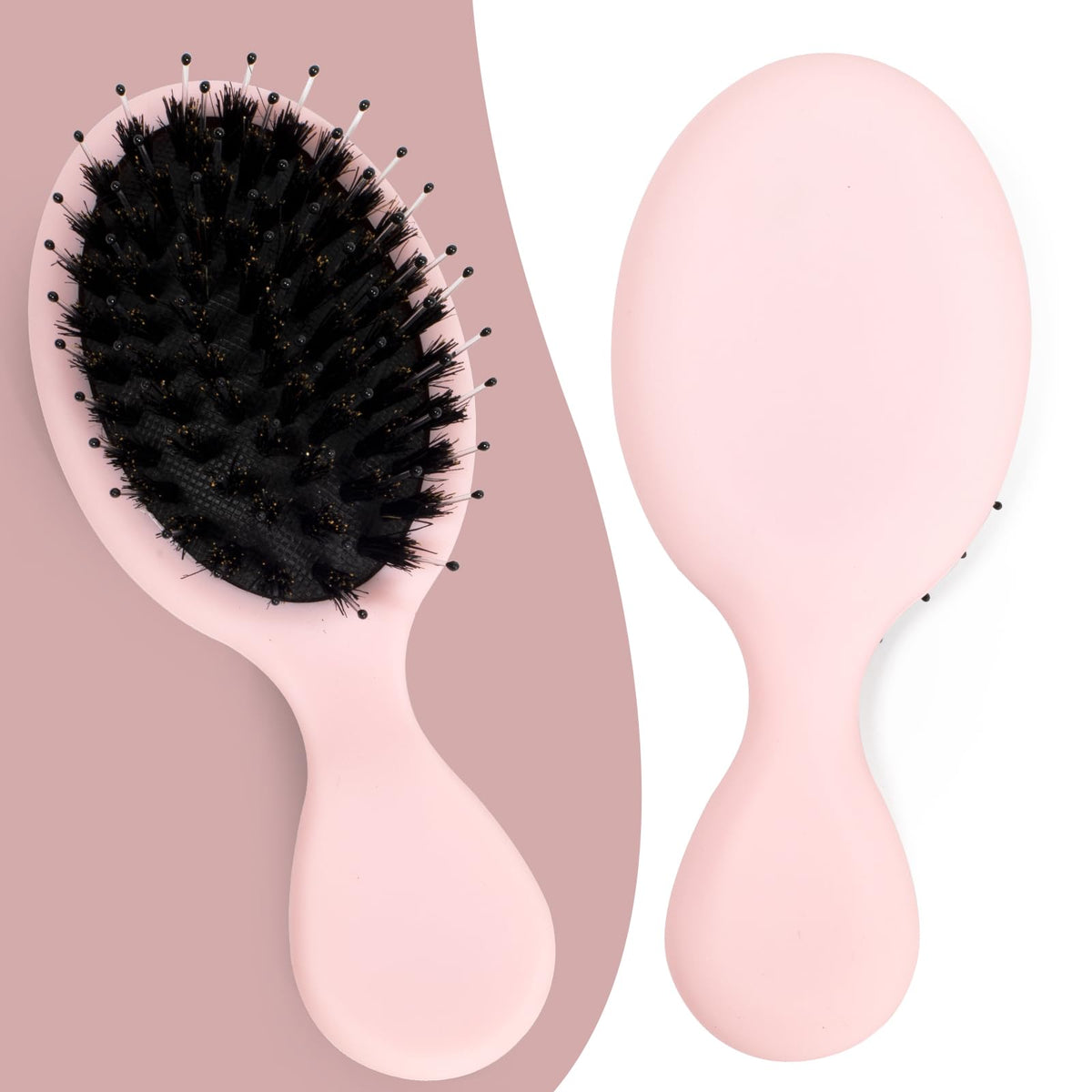SunHer mini boar bristle brush front view showing compact pink design and easy grip for travel convenience
