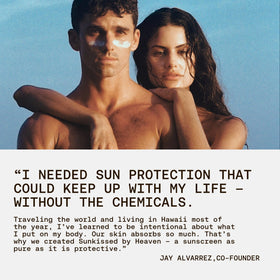 Sunkissed By Heaven label detail highlighting 25% zinc oxide and clean ingredients for confidence