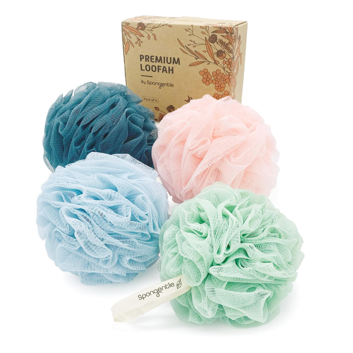 Sunlite Sports Spongentle front packaging showing a full-size loofah and branding, promotes rich lather