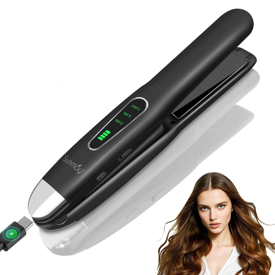 SUNMAY front view showing compact cordless flat iron and pouch, ideal for travel
