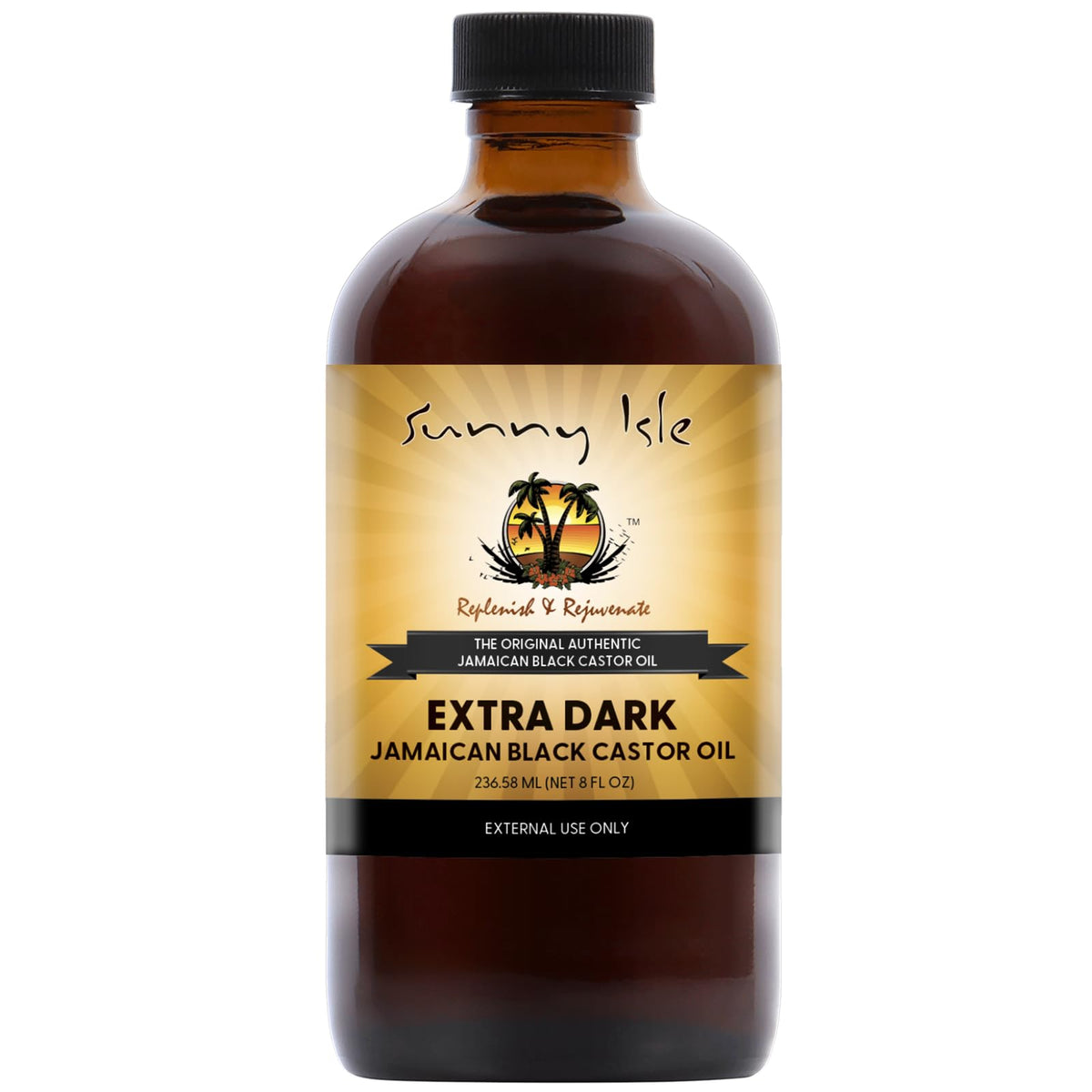 Sunny Isle front bottle showing extra dark JBCO and clear label for authentic care