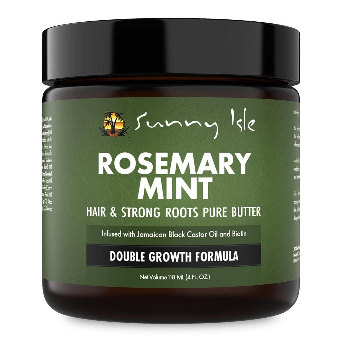 Sunny Isle jar front view showing product label and rosemary-mint scent, highlights nourishing benefits