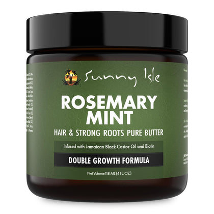 Sunny Isle jar front view showing product label and rosemary-mint scent, highlights nourishing benefits