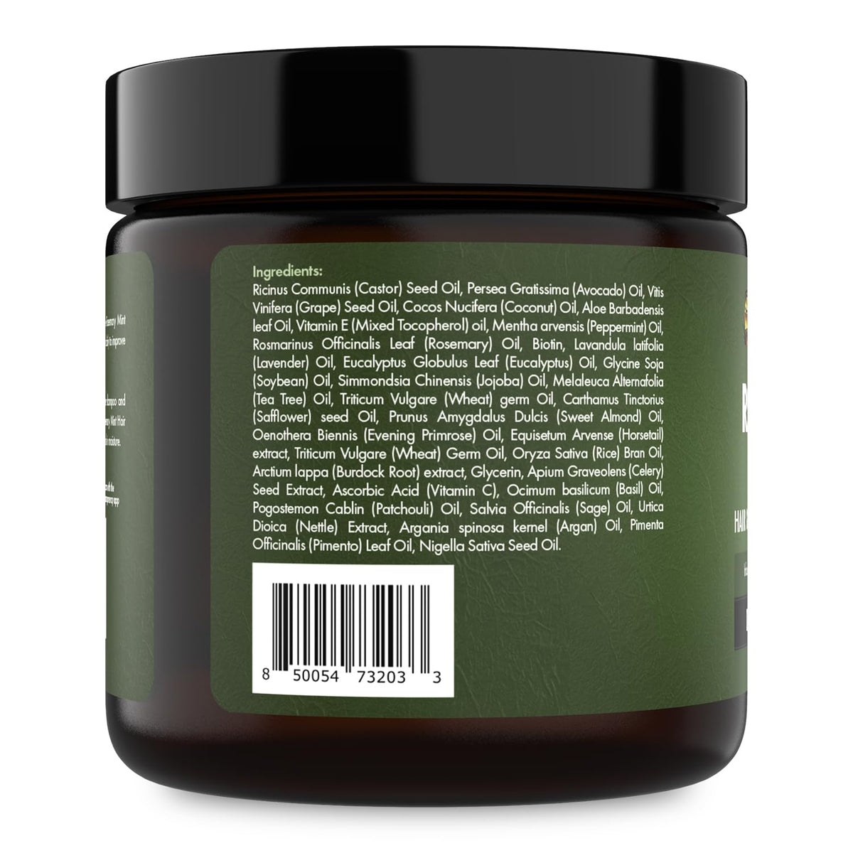 Close-up ingredient label on Sunny Isle jar, highlights biotin and Jamaican Black Castor Oil
