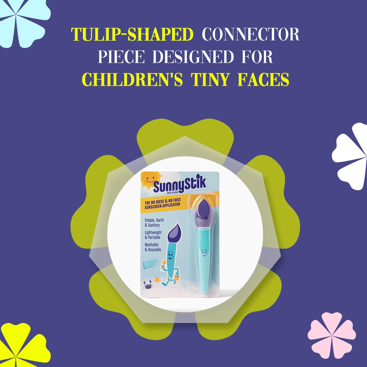 SunnyStik beside sunscreen bottle showing size comparison and portability benefit