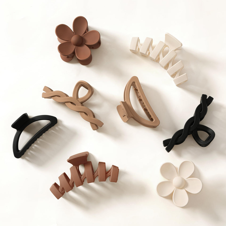 Sunolga front view of eight-clip set showing colors and styles, practical storage