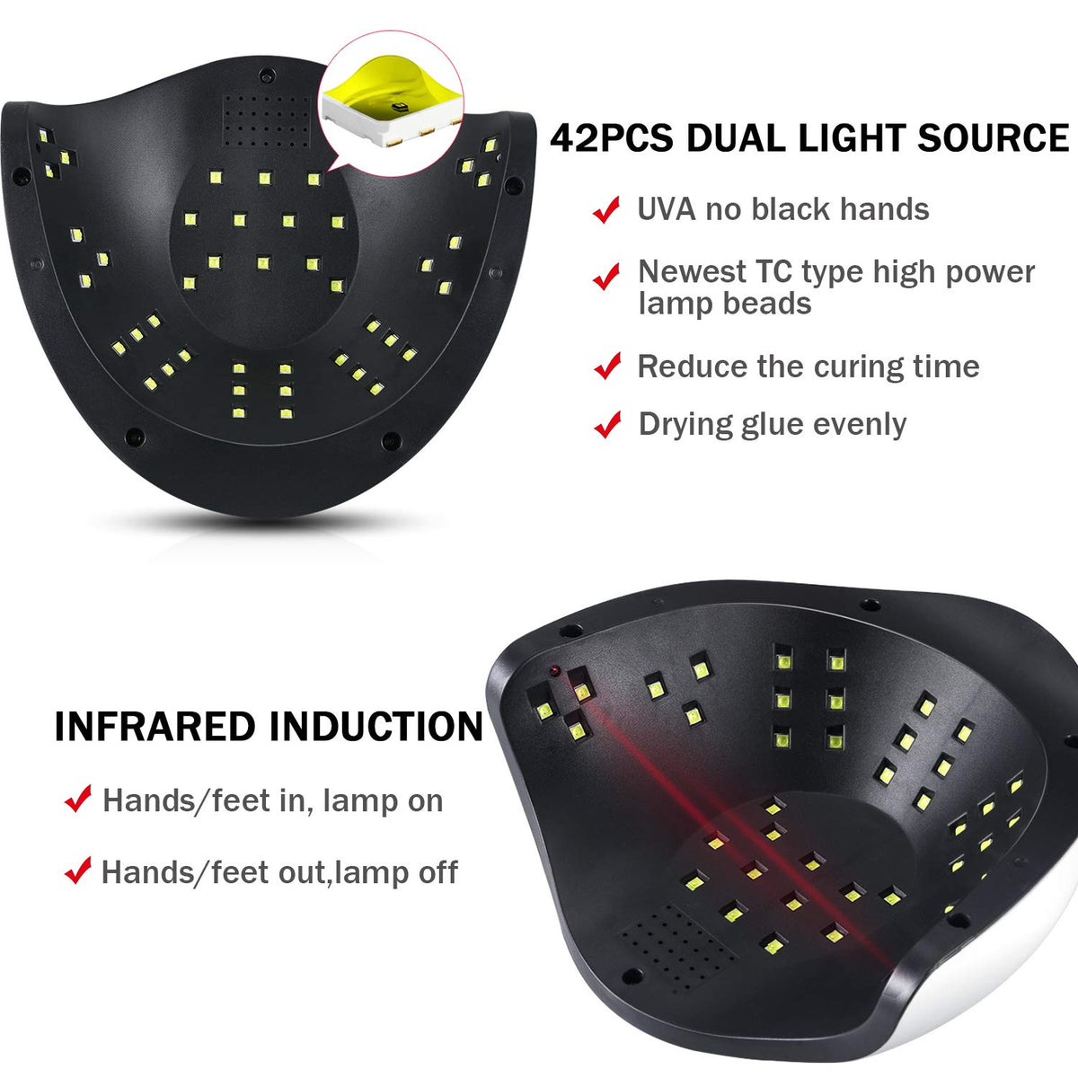 Sunrich interior curved space revealing roomy design to fit hands and feet for even curing