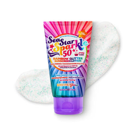 Sunshine & Glitter front tube showing SPF 50 and rainbow design for clear protection